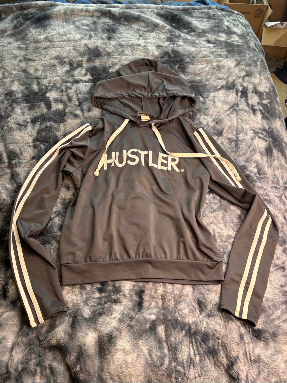 HUSTLER Grey Y2K Logo Hoodie with white stripes